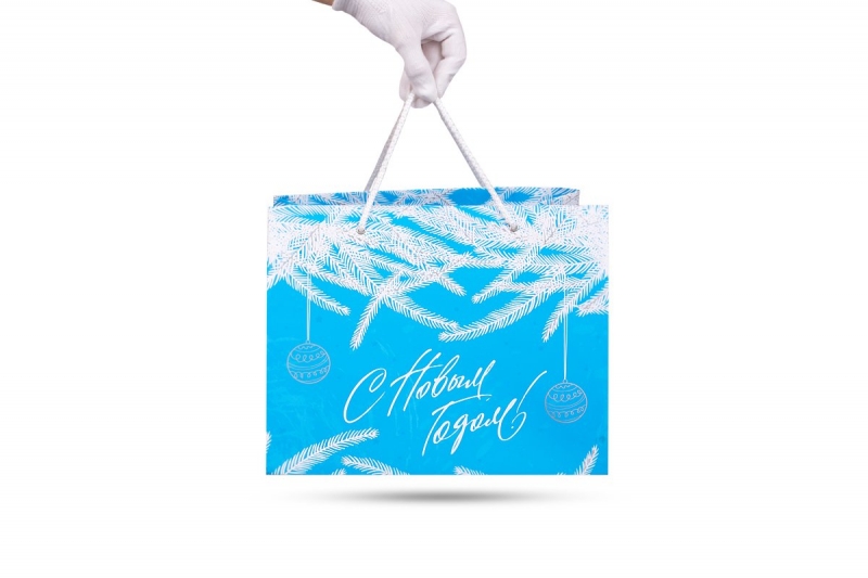 Новогодний пакет с ручками-лентами в Москве, производство на заказ