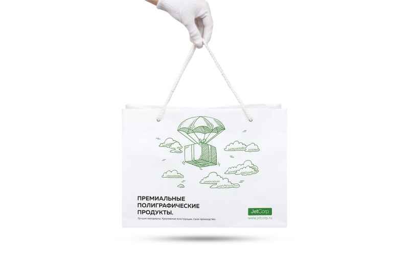Фирменный промо-пакет с веревочными ручками в Москве, производство на заказ