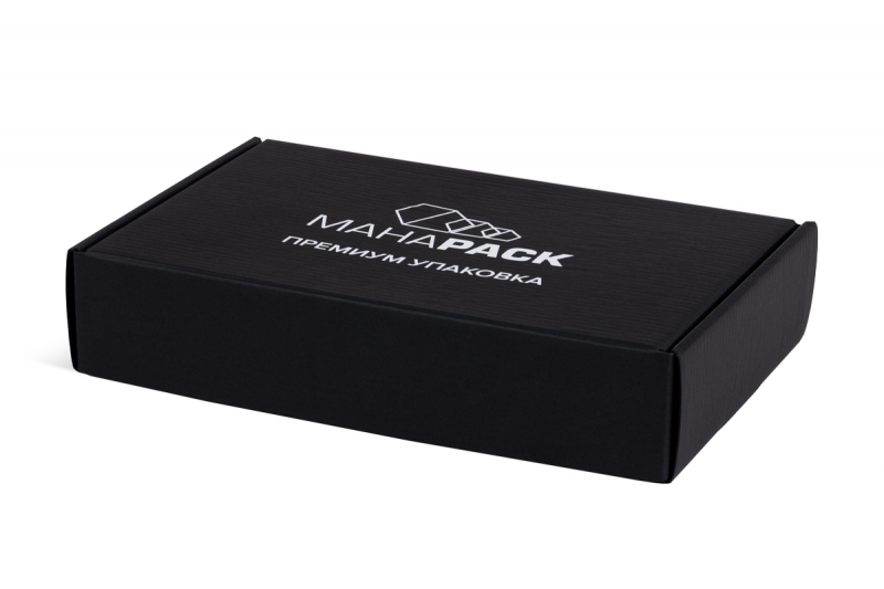 Самосборная коробка-самолет из черного МГК с логотипом в Москве, производство на заказ
