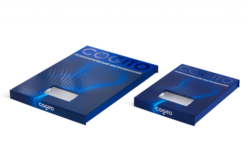 Коробка с объемным лаком и пластиковым окошком для издательства Когито-Центр в Москве, производство на заказ