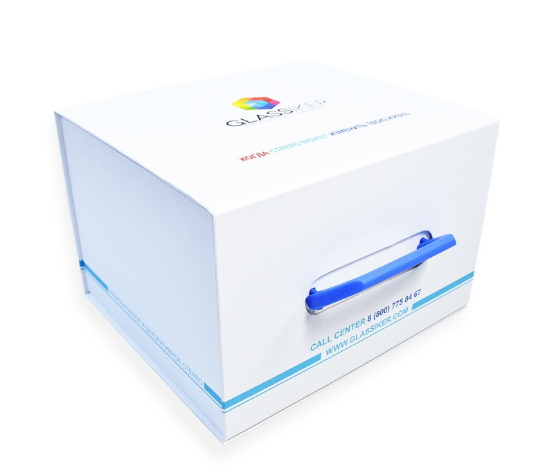 Кашированная коробка-чемодан с магнитным клапаном для образцов стекла в Москве, производство на заказ