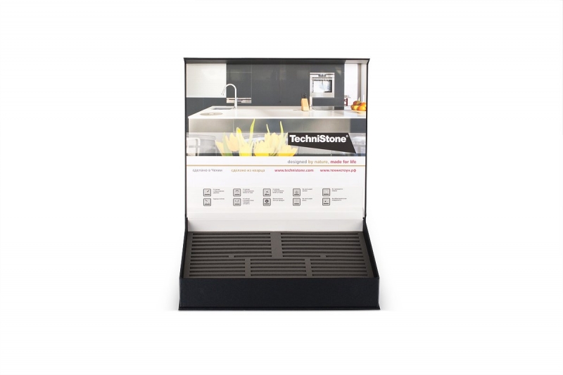 Кашированная коробка с  магнитным клапаном для образцов искусственного камня в Москве, производство на заказ